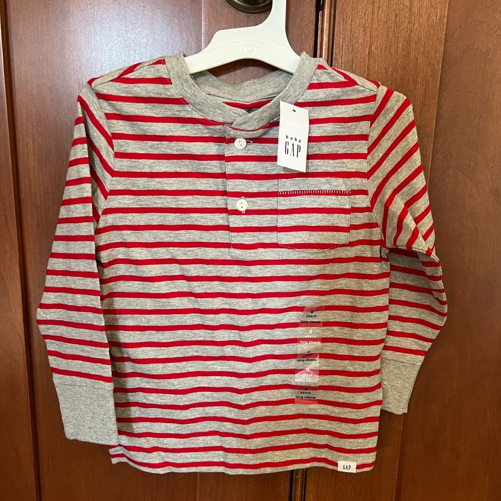 Baby Gap Red/Gray Striped Henley, size 4.